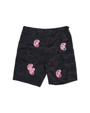 Load image into Gallery viewer, Christophers Mens Black Camo Cargo Shorts Pink Logo
